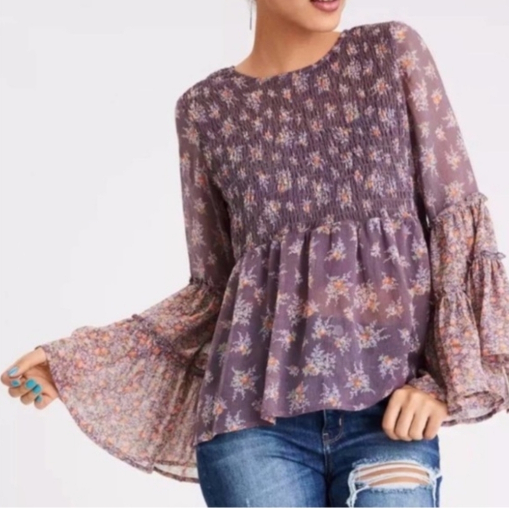 American Eagle Outfitters Sheer Purple Floral Ruffled Bell-Sleeve Blouse